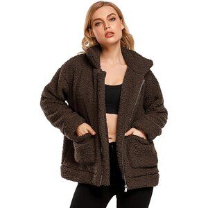 👑Women's Classic Brown Casual Fleece Zipper Oversized Outwear Coat Warm Jacket